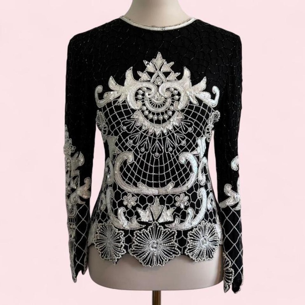 Vintage Crystal Evening Wear Beaded Silk Top Medium